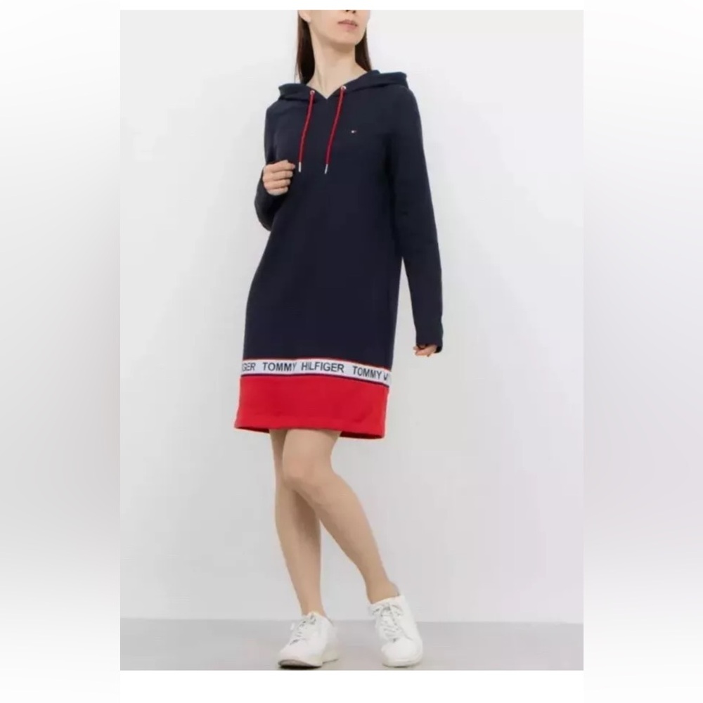 Tommy Hilfiger Women Sky Captain Logo Hoodie Sweatshirt Dress Size L NWT 79$